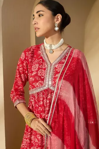 Women Printed Empire Mirror Work Pure Cotton Kurta with Sharara & With Dupatta