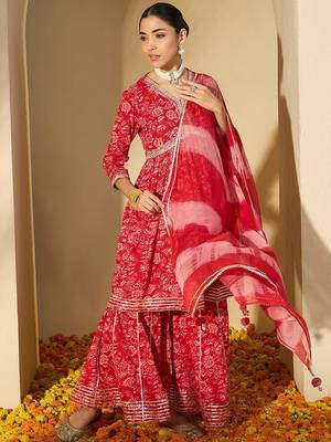 Women Printed Empire Mirror Work Pure Cotton Kurta with Sharara & With Dupatta 1