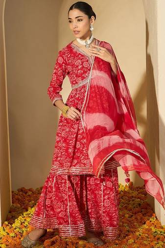 Women Printed Empire Mirror Work Pure Cotton Kurta with Sharara & With Dupatta