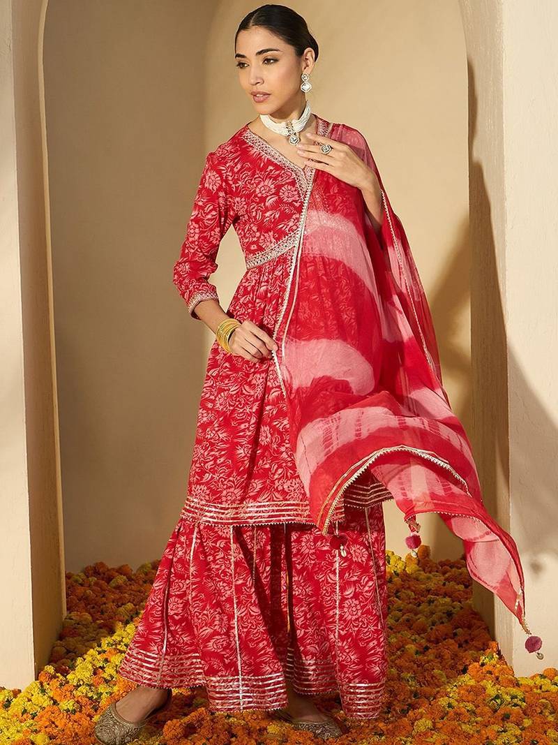 Women Printed Empire Mirror Work Pure Cotton Kurta with Sharara & With Dupatta