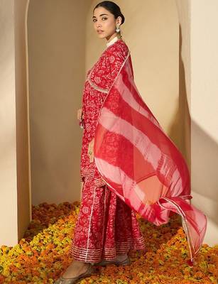 Women Printed Empire Mirror Work Pure Cotton Kurta with Sharara & With Dupatta 4