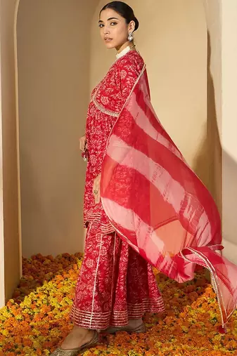 Women Printed Empire Mirror Work Pure Cotton Kurta with Sharara & With Dupatta
