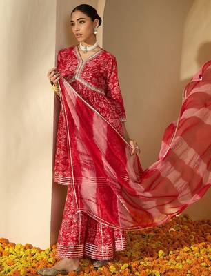 Women Printed Empire Mirror Work Pure Cotton Kurta with Sharara & With Dupatta 6