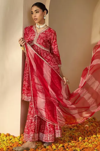 Women Printed Empire Mirror Work Pure Cotton Kurta with Sharara & With Dupatta