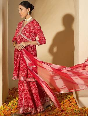 Women Printed Empire Mirror Work Pure Cotton Kurta with Sharara & With Dupatta 7