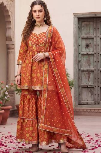Women Floral Printed Empire Gotta Patti Pure Cotton Kurta with Sharara & With Dupatta