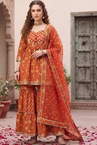 Women Floral Printed Empire Gotta Patti Pure Cotton Kurta with Sharara & With Dupatta