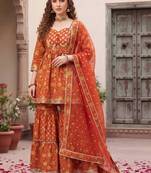 Women Floral Printed Empire Gotta Patti Pure Cotton Kurta with Sharara & With Dupatta