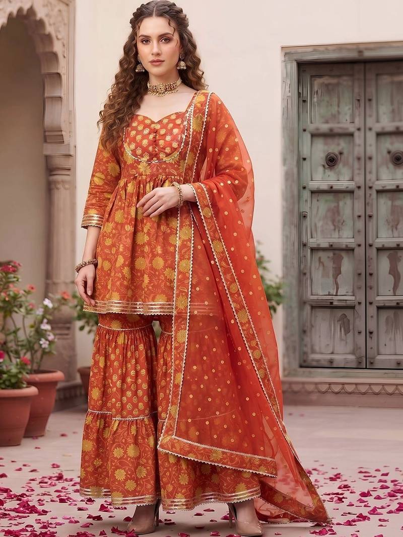 Women Floral Printed Empire Gotta Patti Pure Cotton Kurta with Sharara & With Dupatta