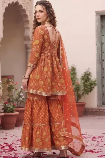 Women Floral Printed Empire Gotta Patti Pure Cotton Kurta with Sharara & With Dupatta