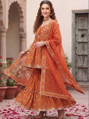 Women Floral Printed Empire Gotta Patti Pure Cotton Kurta with Sharara & With Dupatta 3