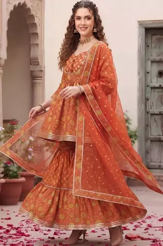 Women Floral Printed Empire Gotta Patti Pure Cotton Kurta with Sharara & With Dupatta