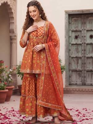 Women Floral Printed Empire Gotta Patti Pure Cotton Kurta with Sharara & With Dupatta 4