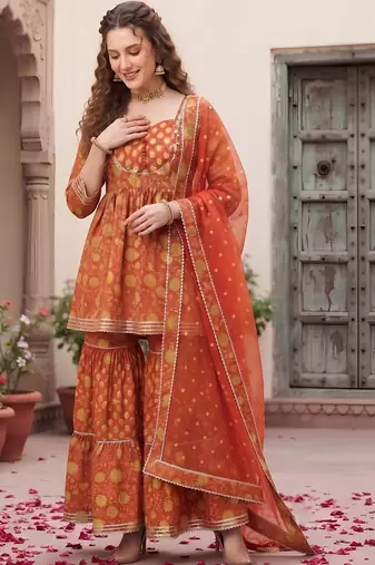 Women Floral Printed Empire Gotta Patti Pure Cotton Kurta with Sharara & With Dupatta