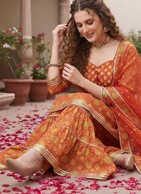 Women Floral Printed Empire Gotta Patti Pure Cotton Kurta with Sharara & With Dupatta 5