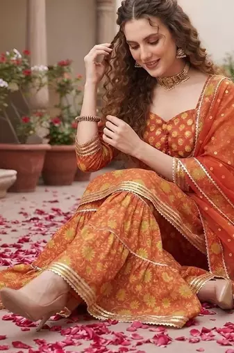 Women Floral Printed Empire Gotta Patti Pure Cotton Kurta with Sharara & With Dupatta