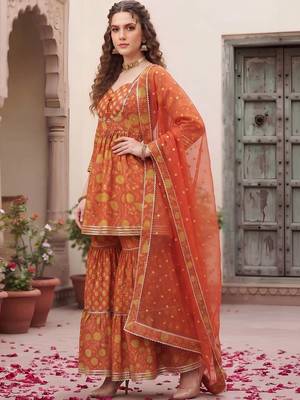 Women Floral Printed Empire Gotta Patti Pure Cotton Kurta with Sharara & With Dupatta 7