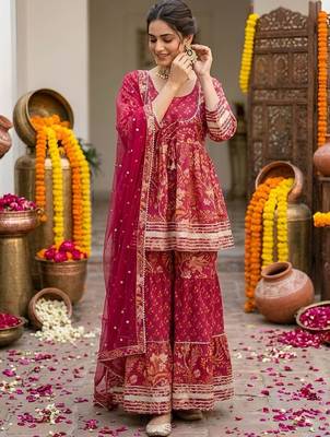 Women Ethnic Motifs Printed Regular Pure Cotton Kurta with Sharara & With Dupatta 1