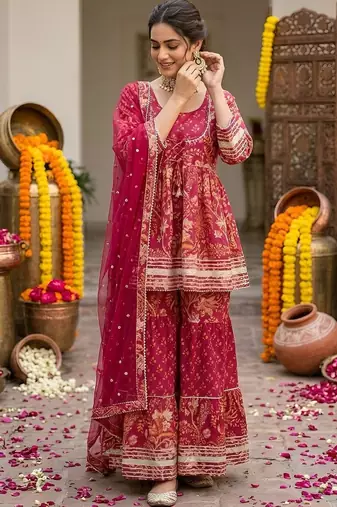 Women Ethnic Motifs Printed Regular Pure Cotton Kurta with Sharara & With Dupatta