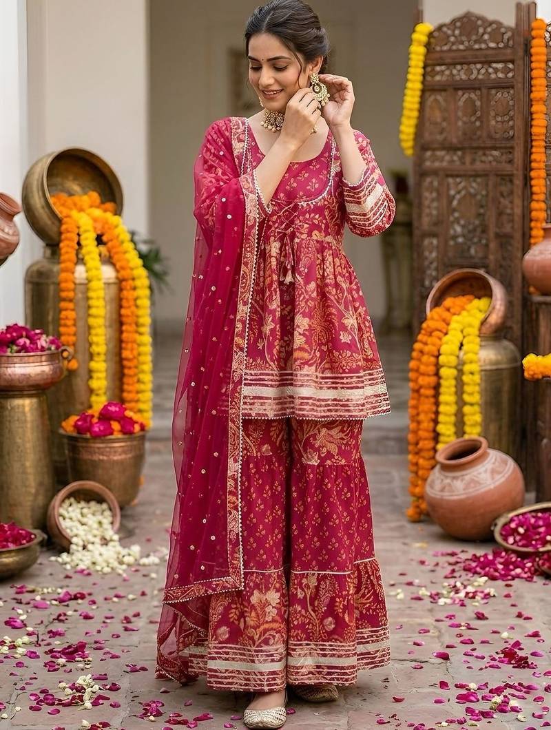 Women Ethnic Motifs Printed Regular Pure Cotton Kurta with Sharara & With Dupatta