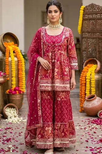 Women Ethnic Motifs Printed Regular Pure Cotton Kurta with Sharara & With Dupatta