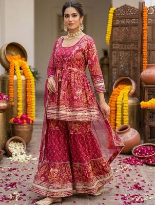 Women Ethnic Motifs Printed Regular Pure Cotton Kurta with Sharara & With Dupatta 3