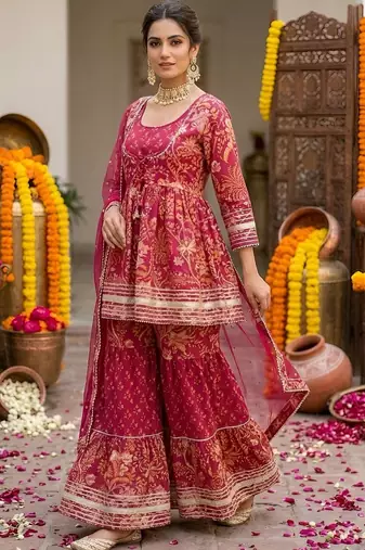 Women Ethnic Motifs Printed Regular Pure Cotton Kurta with Sharara & With Dupatta