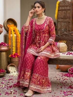 Women Ethnic Motifs Printed Regular Pure Cotton Kurta with Sharara & With Dupatta 4