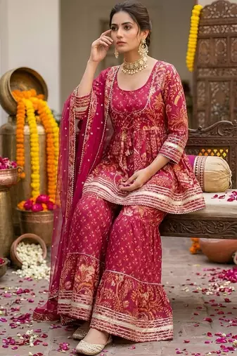 Women Ethnic Motifs Printed Regular Pure Cotton Kurta with Sharara & With Dupatta