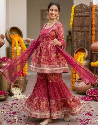 Women Ethnic Motifs Printed Regular Pure Cotton Kurta with Sharara & With Dupatta 5