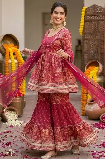 Women Ethnic Motifs Printed Regular Pure Cotton Kurta with Sharara & With Dupatta