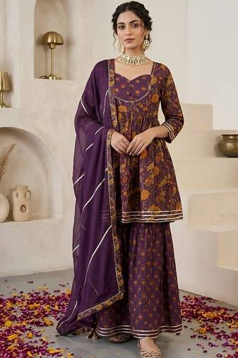 Women Paisley Printed Regular Gotta Patti Pure Cotton Kurta with Sharara & With Dupatta