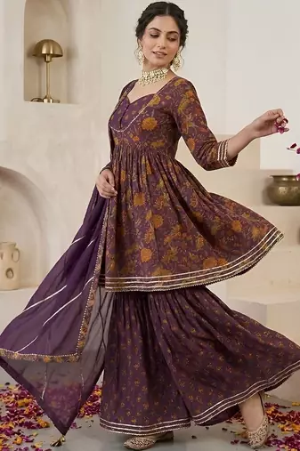 Women Paisley Printed Regular Gotta Patti Pure Cotton Kurta with Sharara & With Dupatta