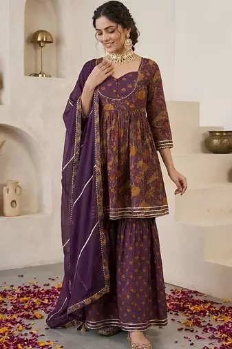 Women Paisley Printed Regular Gotta Patti Pure Cotton Kurta with Sharara & With Dupatta