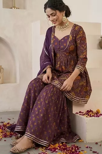Women Paisley Printed Regular Gotta Patti Pure Cotton Kurta with Sharara & With Dupatta