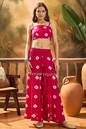 Bandhej Printed Kaftan & Tube Fusion Top With Sharara