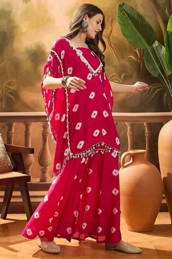 Bandhej Printed Kaftan & Tube Fusion Top With Sharara