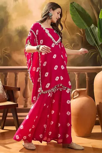 Bandhej Printed Kaftan & Tube Fusion Top With Sharara