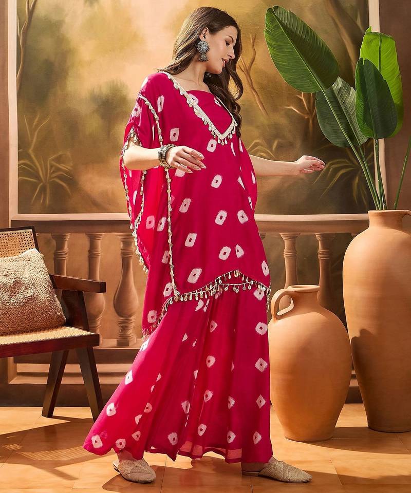 Bandhej Printed Kaftan & Tube Fusion Top With Sharara