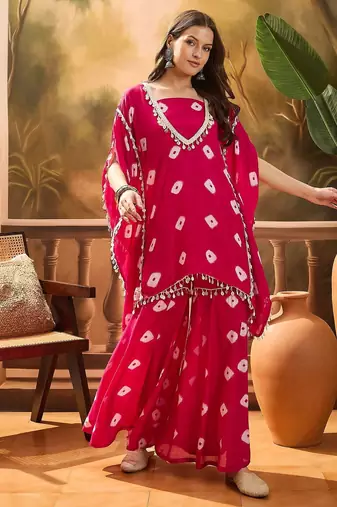 Bandhej Printed Kaftan & Tube Fusion Top With Sharara