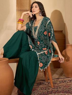 bandhani Printed Square Neck Beads And Stones Kaftan Kurti With Sharara 2