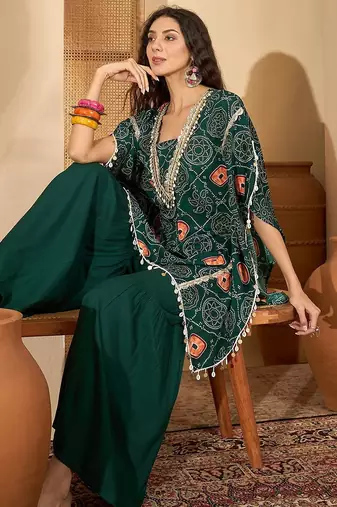 bandhani Printed Square Neck Beads And Stones Kaftan Kurti With Sharara