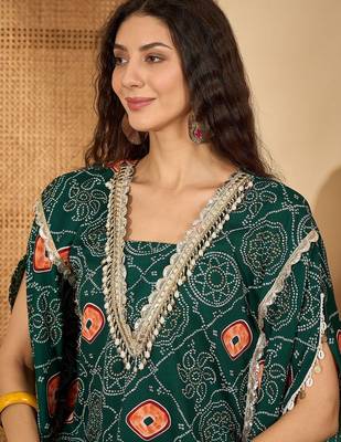bandhani Printed Square Neck Beads And Stones Kaftan Kurti With Sharara 3
