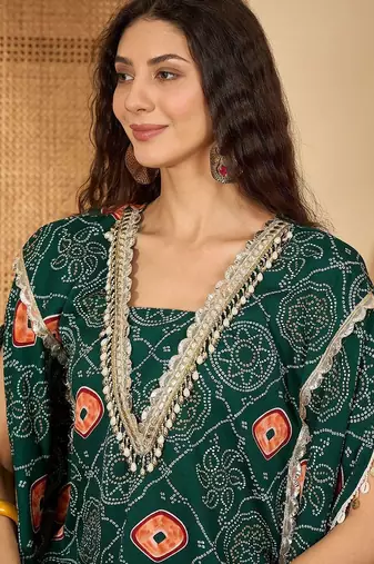 bandhani Printed Square Neck Beads And Stones Kaftan Kurti With Sharara