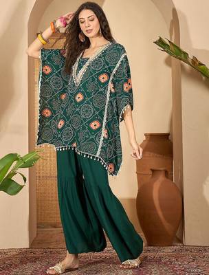bandhani Printed Square Neck Beads And Stones Kaftan Kurti With Sharara 1