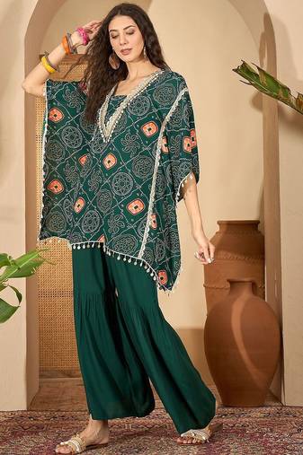 bandhani Printed Square Neck Beads And Stones Kaftan Kurti With Sharara