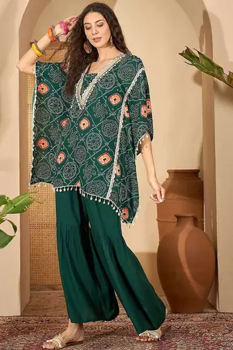 bandhani Printed Square Neck Beads And Stones Kaftan Kurti With Sharara