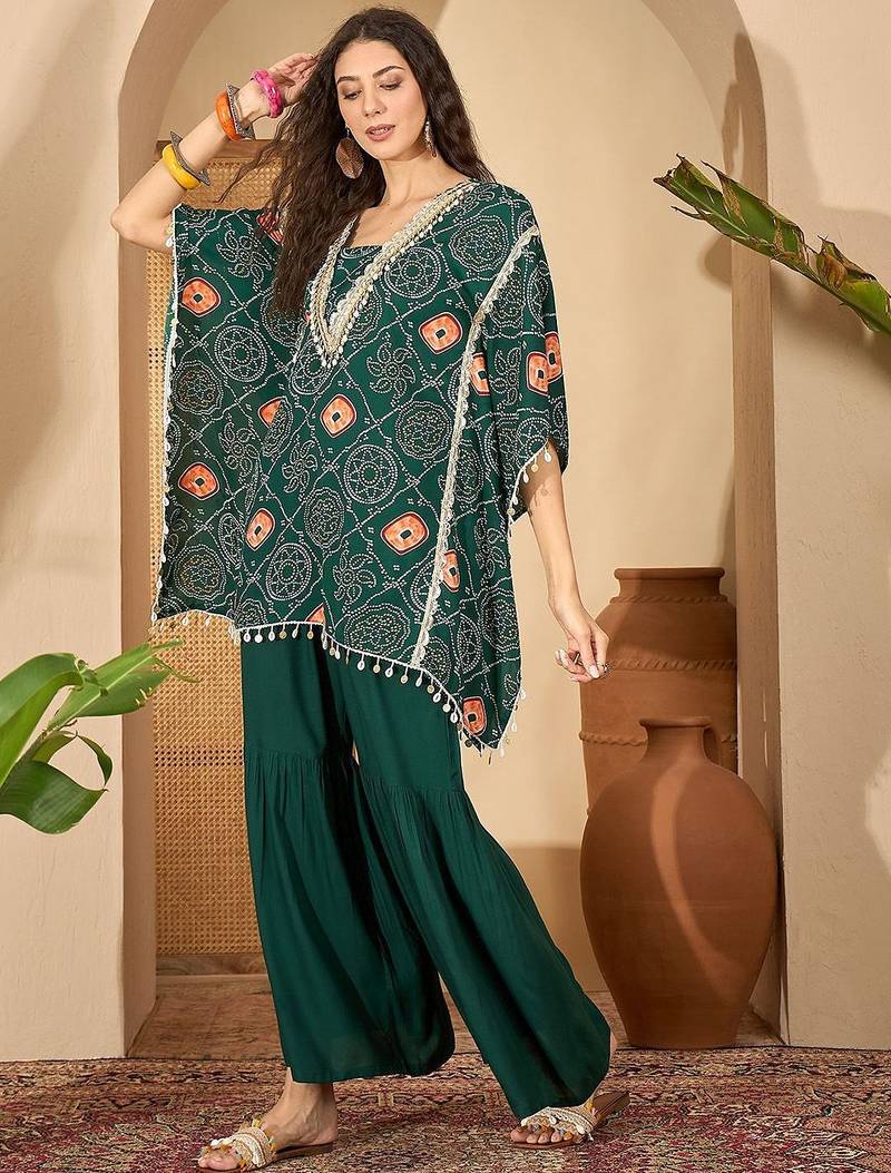 bandhani Printed Square Neck Beads And Stones Kaftan Kurti With Sharara