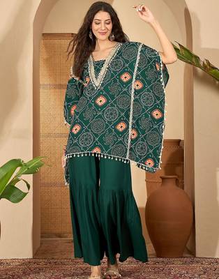 bandhani Printed Square Neck Beads And Stones Kaftan Kurti With Sharara 5