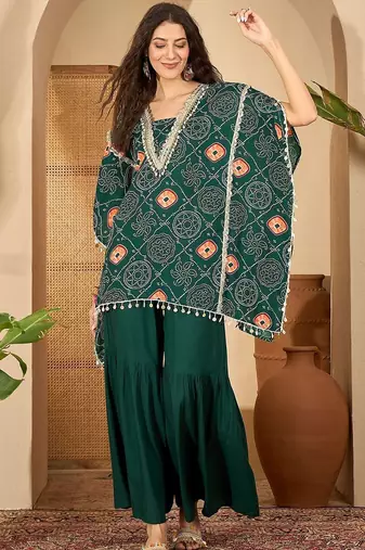 bandhani Printed Square Neck Beads And Stones Kaftan Kurti With Sharara